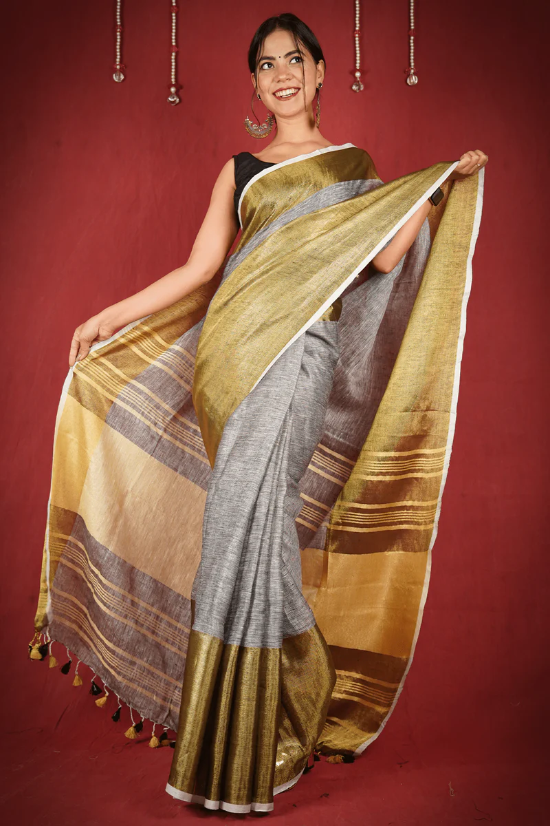 Grey Gold Bhagalpuri Linen Saree